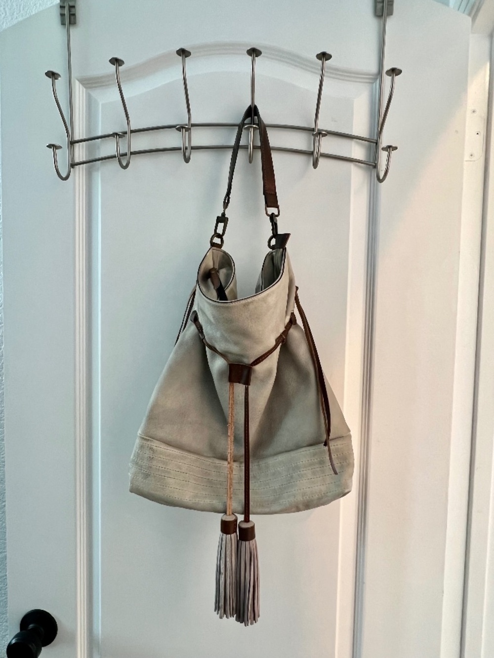 Tan Suede Drawstring Hobo Bag with Tassels - Unbranded